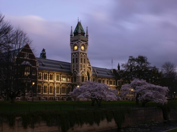 Kvällsbild av klocktornet i University of Otago i Dunedin, Nya Zeeland