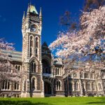 Klocktornet på University of Otago i Dunedin på Nya Zeeland. Blommande träd.